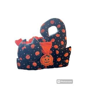 Vintage 1995 Loomco Halloween Plush Black Cat Pumpkin Star Print Decor Doorstop